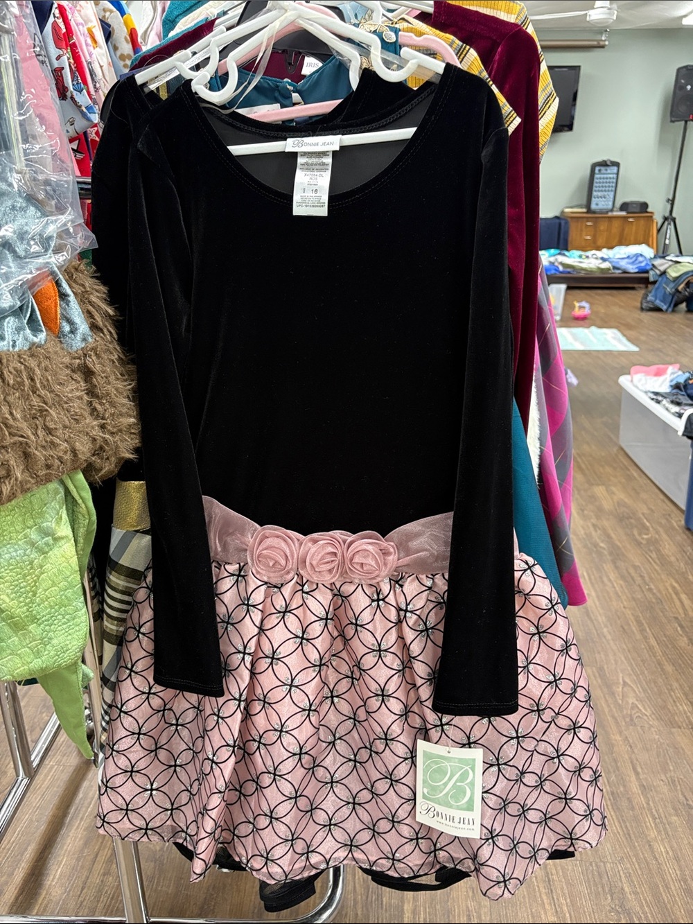 Bonnie Jean Black Velvet Top with Pink Floral Rosette Skirt